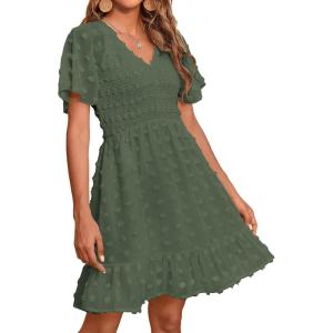 imageBTFBM Womens Beach Vacation Dress V Neck Short Sleeve Smocked Swiss Dot Casual Ruffle Mini Spring Summer Dresses 2025Army Green