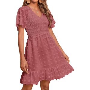 imageBTFBM Womens Beach Vacation Dress V Neck Short Sleeve Smocked Swiss Dot Casual Ruffle Mini Spring Summer Dresses 2025Bean Paste Red