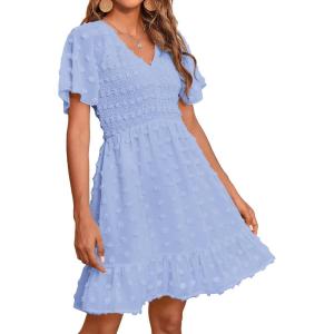 imageBTFBM Womens Beach Vacation Dress V Neck Short Sleeve Smocked Swiss Dot Casual Ruffle Mini Spring Summer Dresses 2025Blue