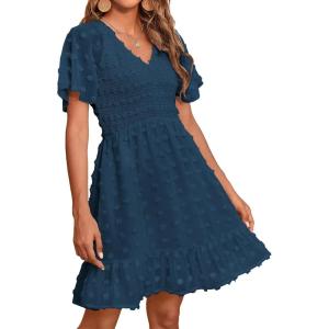imageBTFBM Womens Beach Vacation Dress V Neck Short Sleeve Smocked Swiss Dot Casual Ruffle Mini Spring Summer Dresses 2025Dark Blue