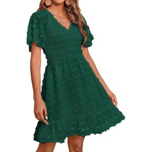imageBTFBM Womens Beach Vacation Dress V Neck Short Sleeve Smocked Swiss Dot Casual Ruffle Mini Spring Summer Dresses 2025Dark Green