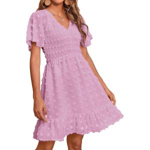 imageBTFBM Womens Beach Vacation Dress V Neck Short Sleeve Smocked Swiss Dot Casual Ruffle Mini Spring Summer Dresses 2025Dusty Pink