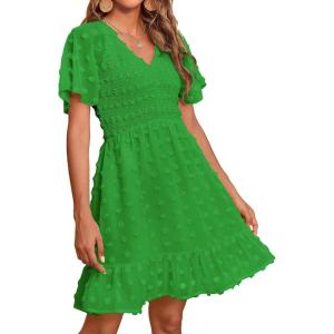 imageBTFBM Womens Beach Vacation Dress V Neck Short Sleeve Smocked Swiss Dot Casual Ruffle Mini Spring Summer Dresses 2025Green