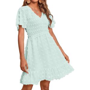 imageBTFBM Womens Beach Vacation Dress V Neck Short Sleeve Smocked Swiss Dot Casual Ruffle Mini Spring Summer Dresses 2025Light Green