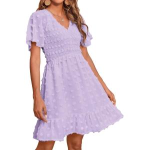 imageBTFBM Womens Beach Vacation Dress V Neck Short Sleeve Smocked Swiss Dot Casual Ruffle Mini Spring Summer Dresses 2025Light Purple
