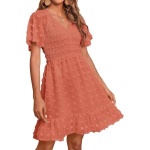 imageBTFBM Womens Beach Vacation Dress V Neck Short Sleeve Smocked Swiss Dot Casual Ruffle Mini Spring Summer Dresses 2025Orange