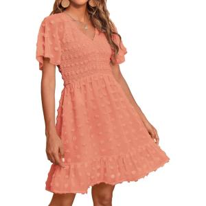 imageBTFBM Womens Beach Vacation Dress V Neck Short Sleeve Smocked Swiss Dot Casual Ruffle Mini Spring Summer Dresses 2025Orange Pink