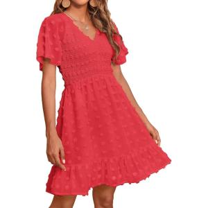 imageBTFBM Womens Beach Vacation Dress V Neck Short Sleeve Smocked Swiss Dot Casual Ruffle Mini Spring Summer Dresses 2025Red