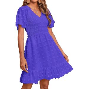 imageBTFBM Womens Beach Vacation Dress V Neck Short Sleeve Smocked Swiss Dot Casual Ruffle Mini Spring Summer Dresses 2025Royal Blue