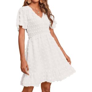 imageBTFBM Womens Beach Vacation Dress V Neck Short Sleeve Smocked Swiss Dot Casual Ruffle Mini Spring Summer Dresses 2025White