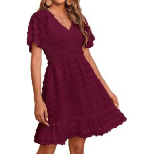 imageBTFBM Womens Beach Vacation Dress V Neck Short Sleeve Smocked Swiss Dot Casual Ruffle Mini Spring Summer Dresses 2025Wine Red
