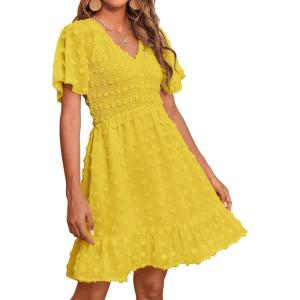 imageBTFBM Womens Beach Vacation Dress V Neck Short Sleeve Smocked Swiss Dot Casual Ruffle Mini Spring Summer Dresses 2025Yellow