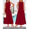 imageBTFBM 2025 Women Summer Vacation Dresses Sleeveless Crewneck Loose Beach Sundress Bubble Hem Tank Maxi Dress PocketsJujube Red