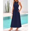 imageBTFBM 2025 Women Summer Vacation Dresses Sleeveless Crewneck Loose Beach Sundress Bubble Hem Tank Maxi Dress PocketsNavy
