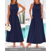 imageBTFBM 2025 Women Summer Vacation Dresses Sleeveless Crewneck Loose Beach Sundress Bubble Hem Tank Maxi Dress PocketsNavy
