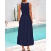 imageBTFBM 2025 Women Summer Vacation Dresses Sleeveless Crewneck Loose Beach Sundress Bubble Hem Tank Maxi Dress PocketsNavy