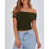 imageBTFBM Spring Summer Off The Shoulder Tops for Women Trendy 2025 Short Sleeve Shirts Knit Stretchy Slim Fit Going Out TopArmy Green