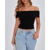 imageBTFBM Spring Summer Off The Shoulder Tops for Women Trendy 2025 Short Sleeve Shirts Knit Stretchy Slim Fit Going Out TopBlack