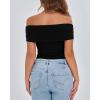 imageBTFBM Spring Summer Off The Shoulder Tops for Women Trendy 2025 Short Sleeve Shirts Knit Stretchy Slim Fit Going Out TopBlack