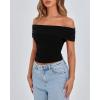 imageBTFBM Spring Summer Off The Shoulder Tops for Women Trendy 2025 Short Sleeve Shirts Knit Stretchy Slim Fit Going Out TopBlack