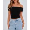 imageBTFBM Spring Summer Off The Shoulder Tops for Women Trendy 2025 Short Sleeve Shirts Knit Stretchy Slim Fit Going Out TopBlack
