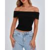 imageBTFBM Spring Summer Off The Shoulder Tops for Women Trendy 2025 Short Sleeve Shirts Knit Stretchy Slim Fit Going Out TopBlack