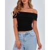 imageBTFBM Spring Summer Off The Shoulder Tops for Women Trendy 2025 Short Sleeve Shirts Knit Stretchy Slim Fit Going Out TopBlack