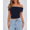 imageBTFBM Spring Summer Off The Shoulder Tops for Women Trendy 2025 Short Sleeve Shirts Knit Stretchy Slim Fit Going Out TopNavy