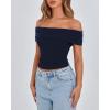 imageBTFBM Spring Summer Off The Shoulder Tops for Women Trendy 2025 Short Sleeve Shirts Knit Stretchy Slim Fit Going Out TopNavy