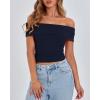 imageBTFBM Spring Summer Off The Shoulder Tops for Women Trendy 2025 Short Sleeve Shirts Knit Stretchy Slim Fit Going Out TopNavy