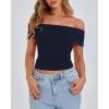 imageBTFBM Spring Summer Off The Shoulder Tops for Women Trendy 2025 Short Sleeve Shirts Knit Stretchy Slim Fit Going Out TopNavy
