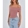 imageBTFBM Spring Summer Off The Shoulder Tops for Women Trendy 2025 Short Sleeve Shirts Knit Stretchy Slim Fit Going Out TopPink