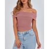 imageBTFBM Spring Summer Off The Shoulder Tops for Women Trendy 2025 Short Sleeve Shirts Knit Stretchy Slim Fit Going Out TopPink
