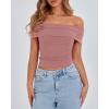 imageBTFBM Spring Summer Off The Shoulder Tops for Women Trendy 2025 Short Sleeve Shirts Knit Stretchy Slim Fit Going Out TopPink