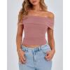 imageBTFBM Spring Summer Off The Shoulder Tops for Women Trendy 2025 Short Sleeve Shirts Knit Stretchy Slim Fit Going Out TopPink