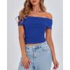 imageBTFBM Spring Summer Off The Shoulder Tops for Women Trendy 2025 Short Sleeve Shirts Knit Stretchy Slim Fit Going Out TopRoyal Blue