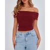 imageBTFBM Spring Summer Off The Shoulder Tops for Women Trendy 2025 Short Sleeve Shirts Knit Stretchy Slim Fit Going Out TopWine Red