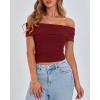 imageBTFBM Spring Summer Off The Shoulder Tops for Women Trendy 2025 Short Sleeve Shirts Knit Stretchy Slim Fit Going Out TopWine Red