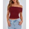 imageBTFBM Spring Summer Off The Shoulder Tops for Women Trendy 2025 Short Sleeve Shirts Knit Stretchy Slim Fit Going Out TopWine Red