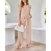 imageBTFBM Women Jumpsuits Crew Neck Ruffle Cap Sleeve Belted High Waist Wide Leg Romper with Pockets One Piece Casual OutfitsApricot