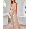 imageBTFBM Women Jumpsuits Crew Neck Ruffle Cap Sleeve Belted High Waist Wide Leg Romper with Pockets One Piece Casual OutfitsApricot