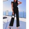 imageBTFBM Women Jumpsuits Crew Neck Ruffle Cap Sleeve Belted High Waist Wide Leg Romper with Pockets One Piece Casual OutfitsBlack