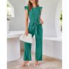 imageBTFBM Women Jumpsuits Crew Neck Ruffle Cap Sleeve Belted High Waist Wide Leg Romper with Pockets One Piece Casual OutfitsBlue Green
