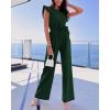 imageBTFBM Women Jumpsuits Crew Neck Ruffle Cap Sleeve Belted High Waist Wide Leg Romper with Pockets One Piece Casual OutfitsDark Green