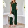 imageBTFBM Women Jumpsuits Crew Neck Ruffle Cap Sleeve Belted High Waist Wide Leg Romper with Pockets One Piece Casual OutfitsDark Green