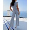 imageBTFBM Women Jumpsuits Crew Neck Ruffle Cap Sleeve Belted High Waist Wide Leg Romper with Pockets One Piece Casual OutfitsGrey
