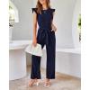 imageBTFBM Women Jumpsuits Crew Neck Ruffle Cap Sleeve Belted High Waist Wide Leg Romper with Pockets One Piece Casual OutfitsNavy