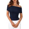 imageBTFBM Spring Summer Off The Shoulder Tops for Women Trendy 2025 Short Sleeve Shirts Knit Stretchy Slim Fit Going Out TopNavy
