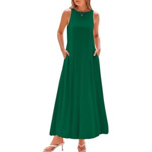 imageBTFBM 2025 Women Summer Vacation Dresses Sleeveless Crewneck Loose Beach Sundress Bubble Hem Tank Maxi Dress PocketsDark Green