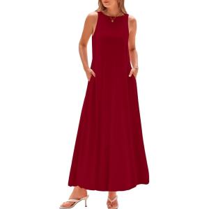 imageBTFBM 2025 Women Summer Vacation Dresses Sleeveless Crewneck Loose Beach Sundress Bubble Hem Tank Maxi Dress PocketsJujube Red